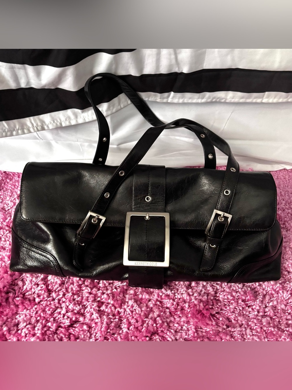 Black Leather Buckle-Front Shoulder Bag